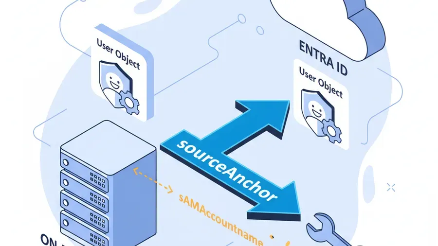 A bright cartoon-style diagram of an on-prem user object linking to a cloud user object via a strong GUID arrow, with a frayed sAMAccountName arrow being replaced