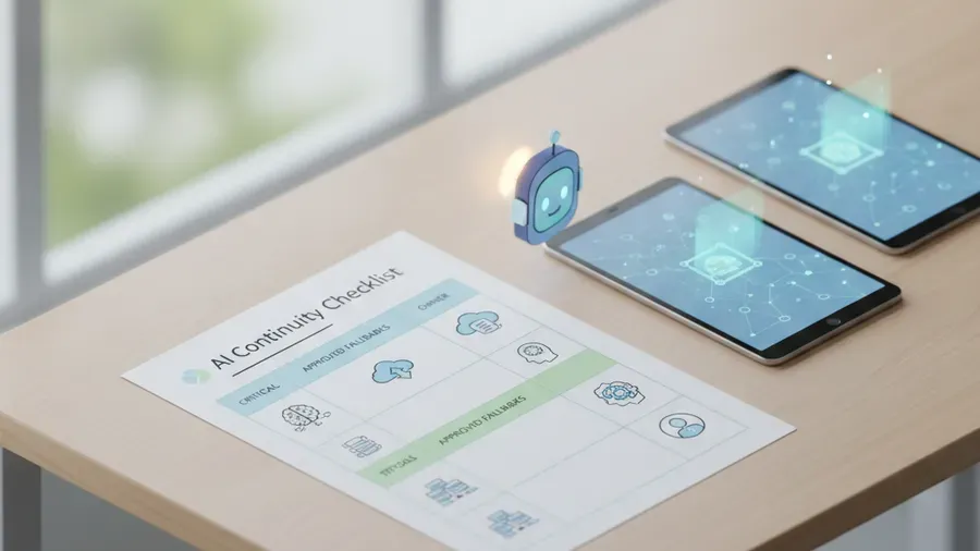 A bright, clean illustration of a simple one-page AI continuity checklist on a desk, showing critical tools, approved fallbacks, and an owner column, with soft greens and blues