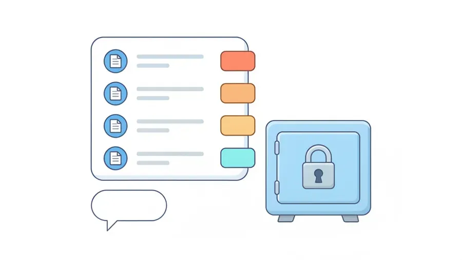 An audit log panel listing the documents an AI assistant read, each row tagged with a sensitivity label, next to an empty speech bubble where the prompt text would be and a separate locked safe standing in for eDiscovery