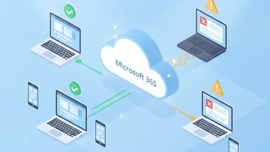 A bright, clean isometric illustration of laptops, phones, and tablets connected to a Microsoft 365 cloud with green check marks on managed devices and warning icons on unmanaged devices, soft blues and warm accents, no text