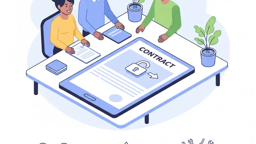 A bright, clean photo of a small business team reviewing a simplified IT services agreement with an exit-clause section clearly visible