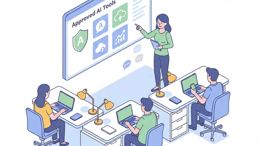A bright isometric illustration of a small business team working at desks with a clear approved AI tools dashboard visible on a central screen alongside a shield icon