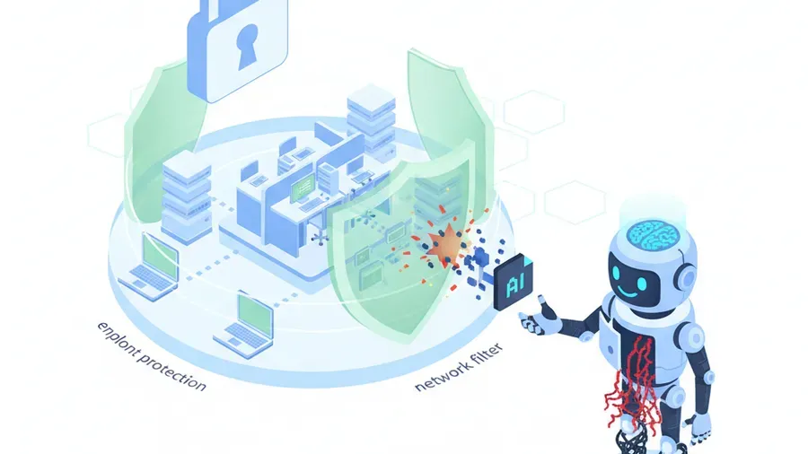 A bright isometric illustration of a small business network protected by layered shields — endpoint, network filter, and admin lock — blocking a disguised malicious file