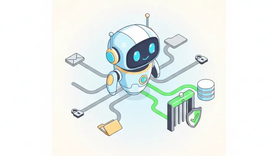 An AI assistant wired to email, a file folder, and a database, with three connector cables padlocked shut and one open green path running through an approval gate