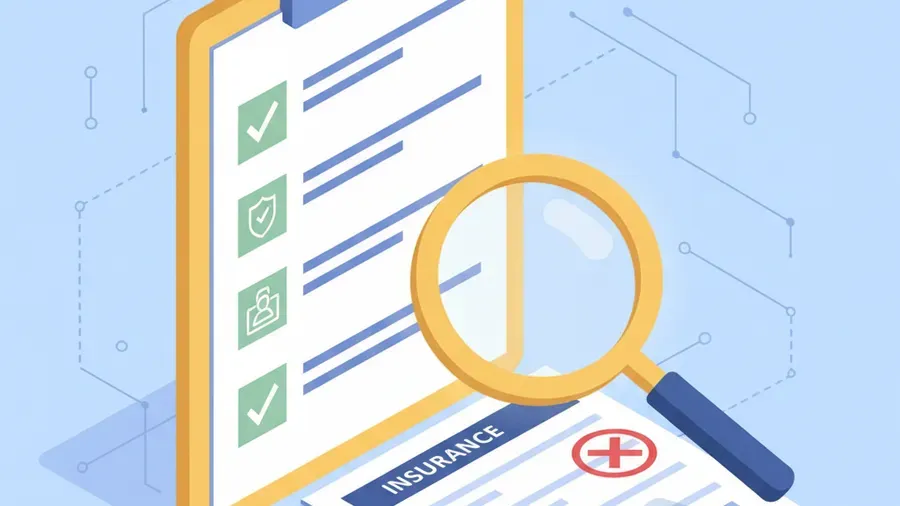 A clipboard checklist and magnifying glass over an insurance application form, suggesting careful review