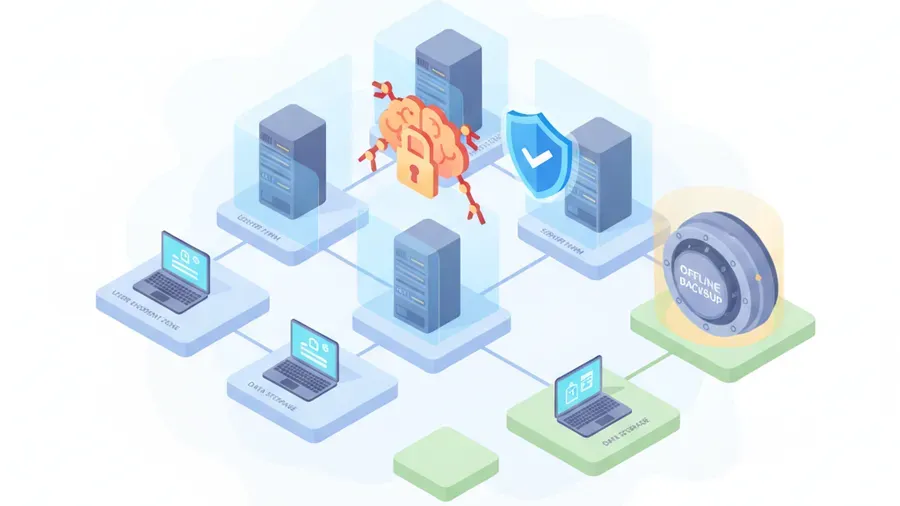 A bright isometric illustration of a small business network with clear segmentation boundaries, an offline backup vault, and a patch shield over an internet-facing server, warm and reassuring style