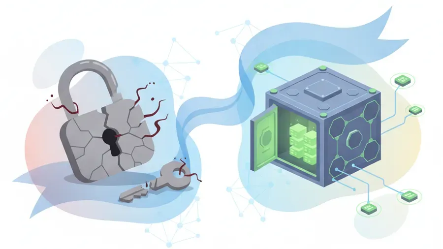 A bright clean illustration of a broken padlock with no matching key beside it, next to a healthy offline backup vault glowing green, soft blues and warm accents