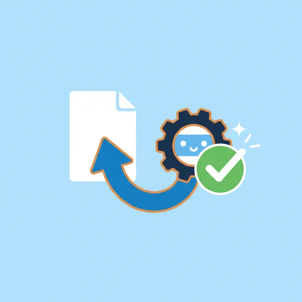 Illustration of an automated workflow moving a document through a gear to a completed checkmark
