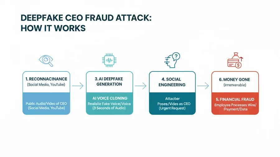 Deepfake CEO fraud attack flowchart showing the six stages from reconnaissance to financial loss
