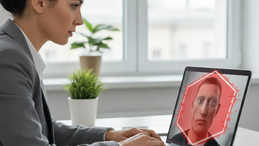 A person on a video call looking concerned while their laptop screen shows a caller with subtle AI-generated facial distortion