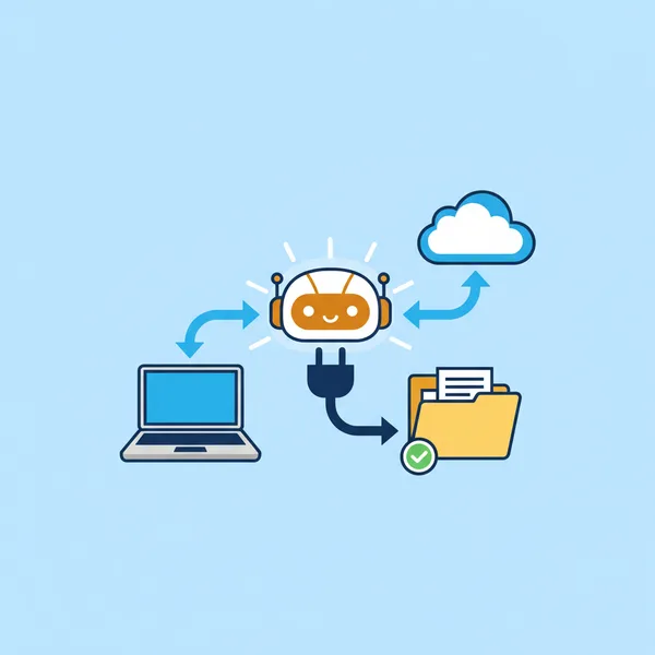 Illustration of an AI tool plugging into existing business systems and connecting them together