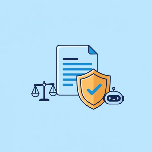 Illustration of an AI policy document protected by a shield and balance scale