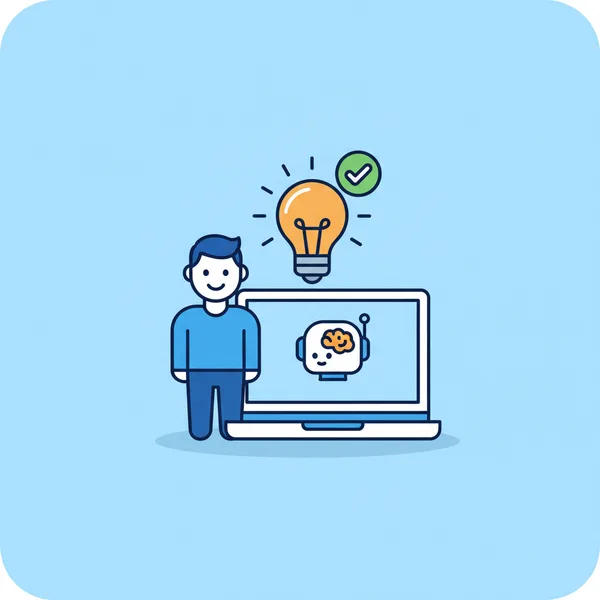 Illustration of an employee learning to use an AI tool with a lightbulb and checkmark