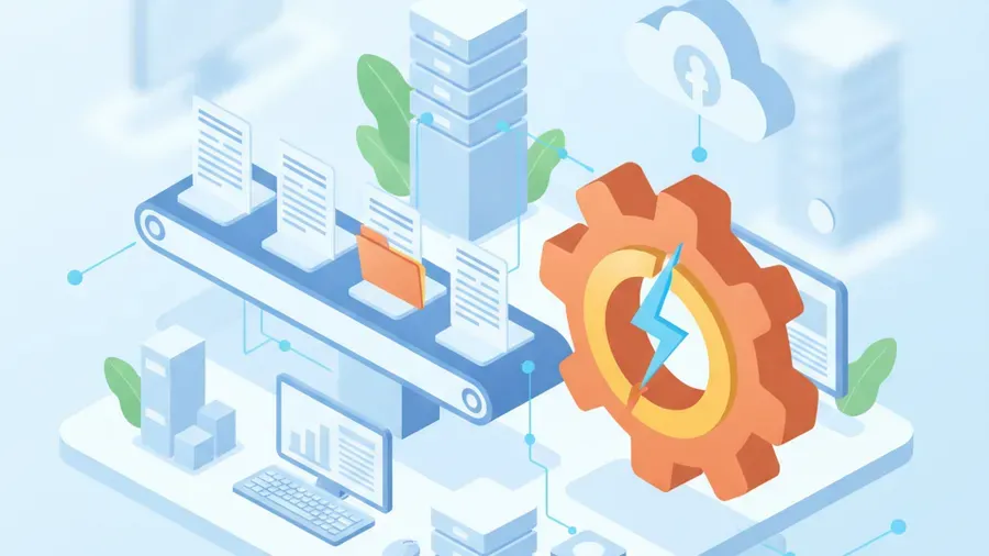 A bright, clean isometric illustration of a small business workflow stalling — a conveyor belt of documents stopped mid-process beside a disconnected gear, soft blues and warm accents, no text