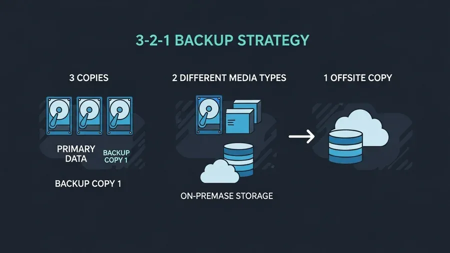 3-2-1 backup strategy diagram showing data redundancy across storage types
