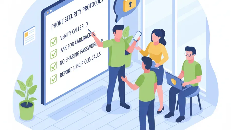 Bright illustration of an office team discussing phone security protocols with a verification checklist on a whiteboard
