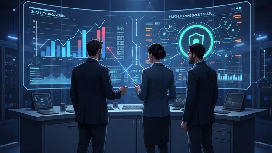 Business IT security team reviewing vulnerability scan results and patch management dashboard