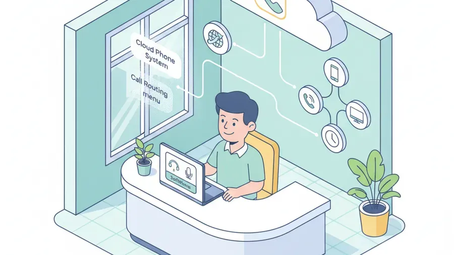 Cartoon isometric illustration of a hotel front desk with a cloud phone system, softphone on a laptop, and a call routing menu shown as clean connected icons