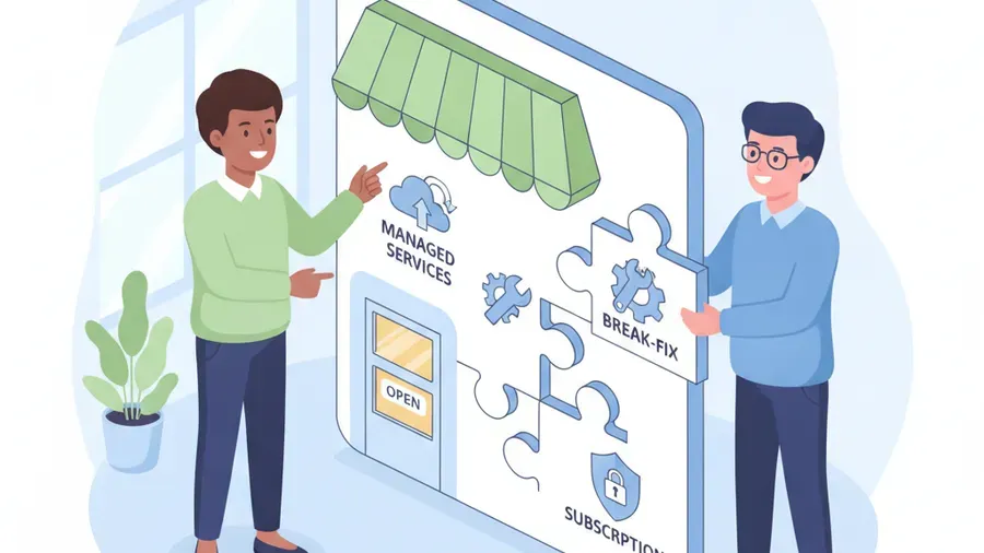 Clean cartoon illustration of a small business owner and an IT consultant fitting puzzle pieces labeled with different support models onto a matching board shaped like a storefront