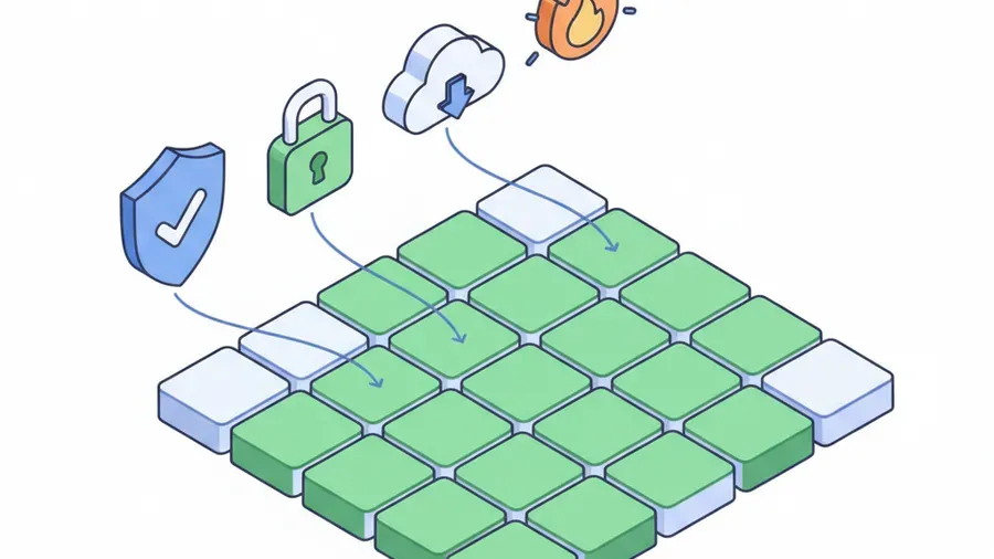 Clean isometric illustration of a simple four-tool security stack neatly mapped to a grid of security controls with every cell covered, bright cartoon style with soft greens and blues signaling completeness