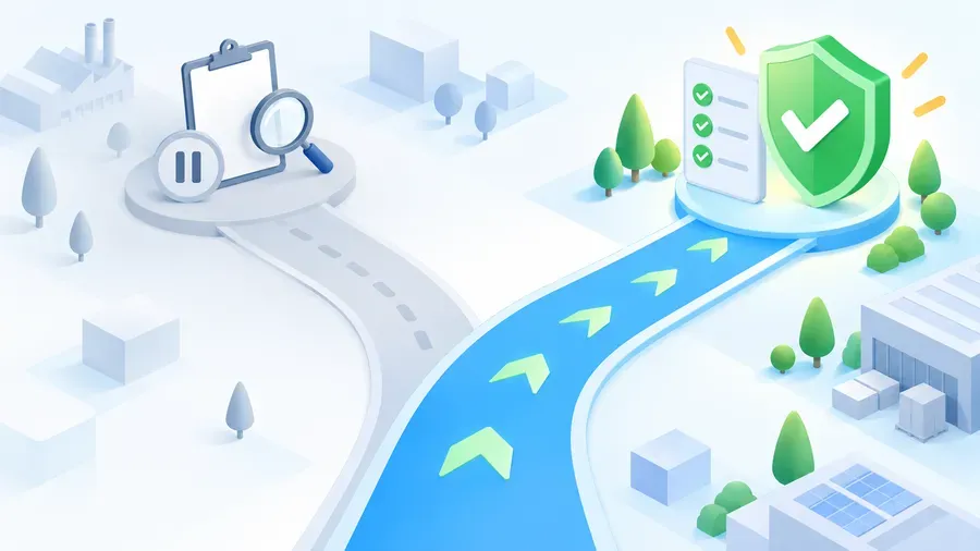 A bright isometric illustration showing two paths splitting: one labeled path fading out with a paused assessment audit icon, the other continuing forward with an active security checklist and shield, light blues whites and soft greens