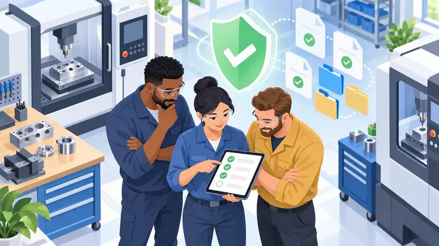 A bright isometric illustration of a small manufacturing team reviewing a compliance checklist on a tablet beside industrial equipment, a green shield and organized document icons, light blues and warm accents