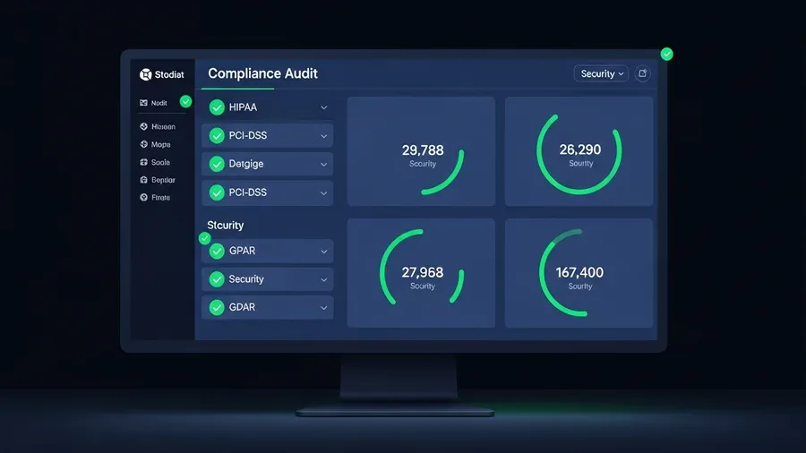 Compliance audit dashboard showing HIPAA and PCI-DSS security scores