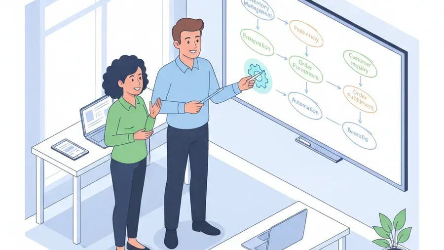 Consultant walking a small business owner through a hand-drawn process map on a whiteboard before automating