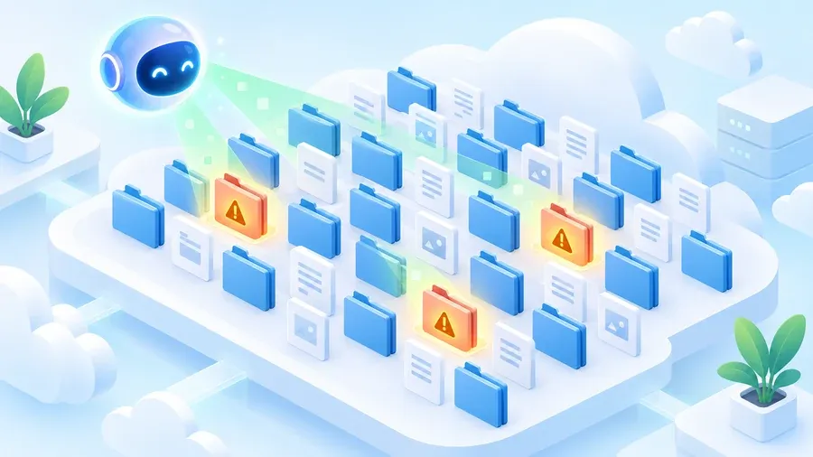 A bright isometric illustration of a SharePoint file library where a few folders glow with warning markers while an AI assistant icon points a beam of light at them, light blues and warm accents