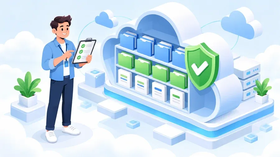 A bright isometric illustration of an IT professional reviewing a checklist beside a clean organized cloud storage structure with a green shield, light blues whites and soft greens