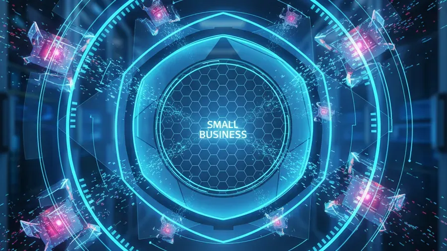 Cybersecurity defense layers protecting small business network from AI-powered threats