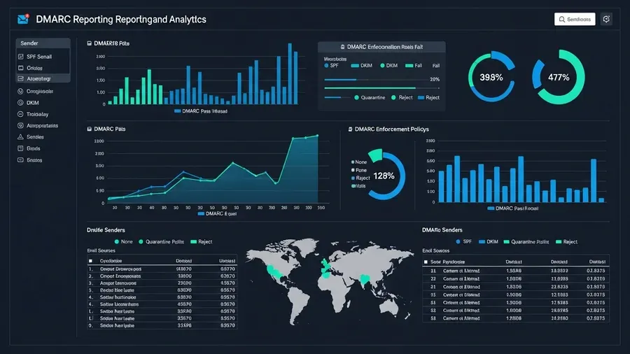 DMARC reporting and analytics dashboard showing email authentication results