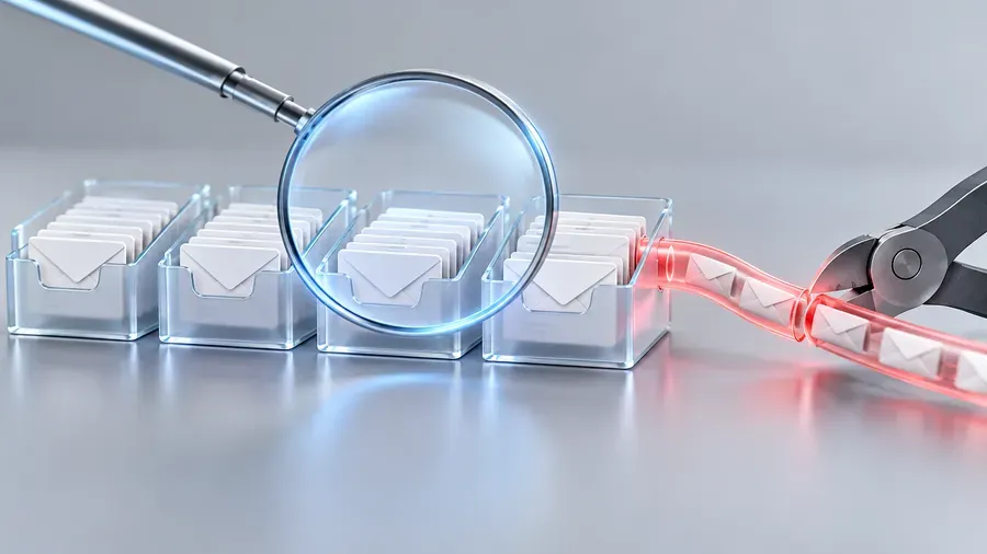 A magnifying lens inspecting a row of glass inbox trays while a cutter severs a hidden red tube siphoning email out of one of them