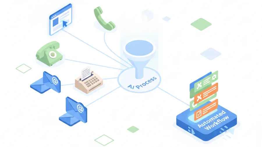Five inbound request channels including web form, phone, fax and email consolidating into one sorted work queue