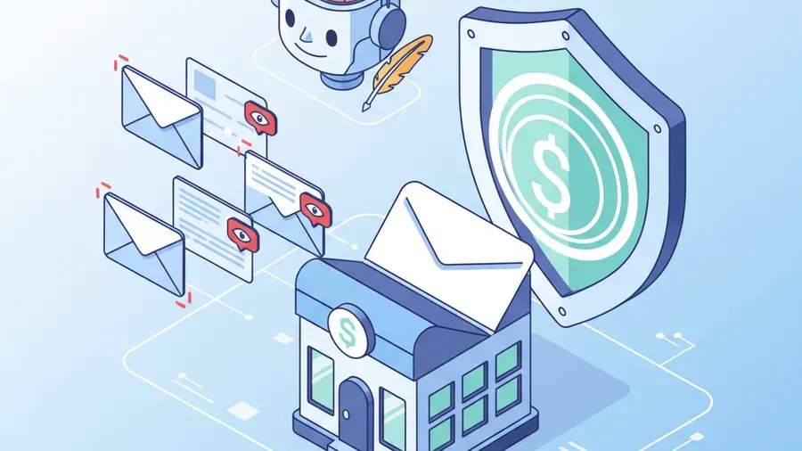 Friendly cartoon illustration of a layered security shield protecting a small business inbox from AI-crafted phishing emails
