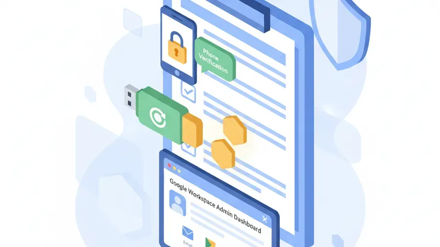 Friendly cartoon illustration of a security checklist with phone verification steps, MFA key, and Google Workspace admin dashboard