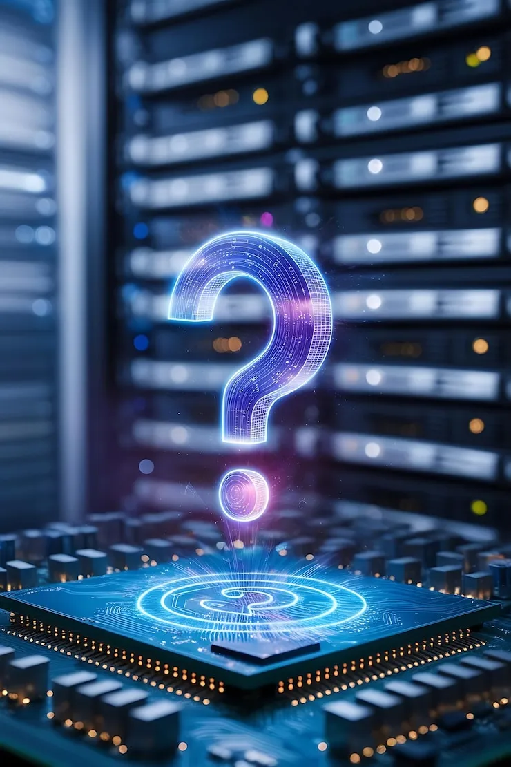 Glowing blue question mark representing server management FAQ and support