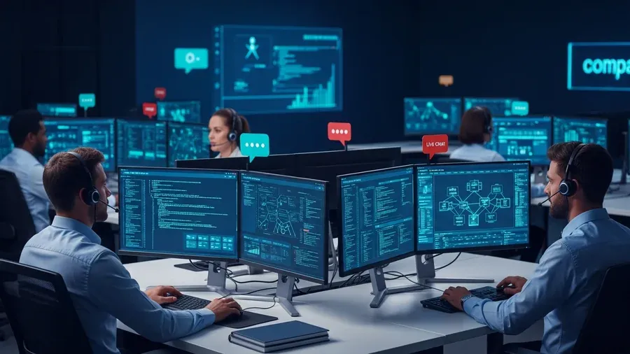 Modern IT help desk support center resolving business technology issues