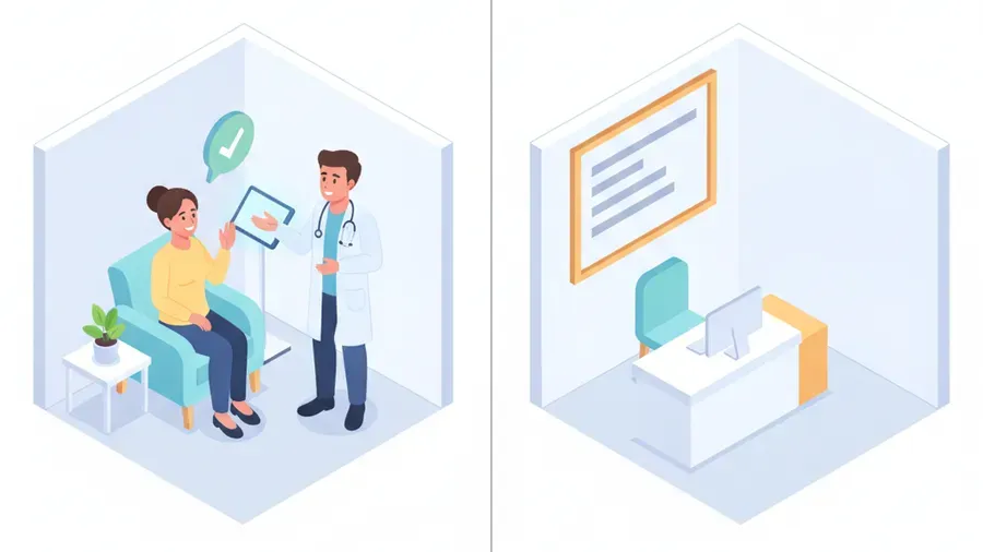 Two exam rooms side by side, in one a clinician asks a seated patient for permission and a green check mark appears between them, in the other an empty reception desk sits below a notice posted on the wall