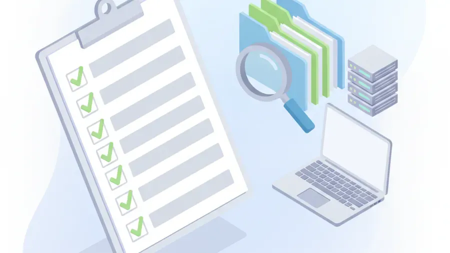 A clipboard of ticked checkboxes beside a magnifying glass held over a stack of folders, with a laptop and a small server rack alongside