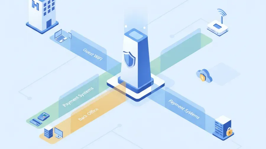 Cartoon isometric illustration of a hotel network divided into separate secure lanes for guest WiFi, payment systems, and back office, split by a firewall in the middle