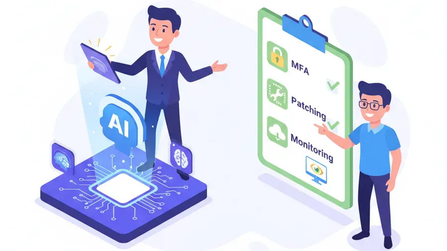 Illustration contrasting flashy "AI security platform" sales pitch against a checklist of fundamentals like MFA, patching, backups, and monitoring