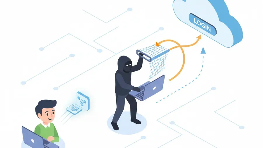 Illustration of an attacker on a laptop intercepting a glowing session token mid-air between an employee and a cloud login, representing adversary-in-the-middle session theft