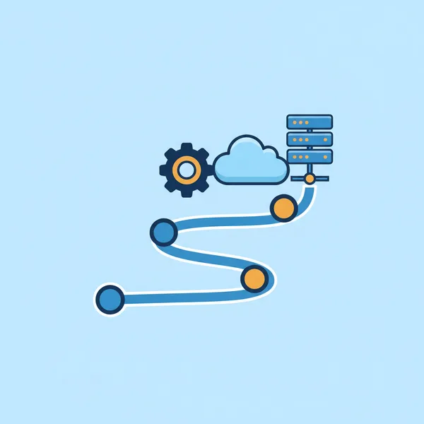 Illustration of a technology roadmap with milestones for servers, cloud, and network