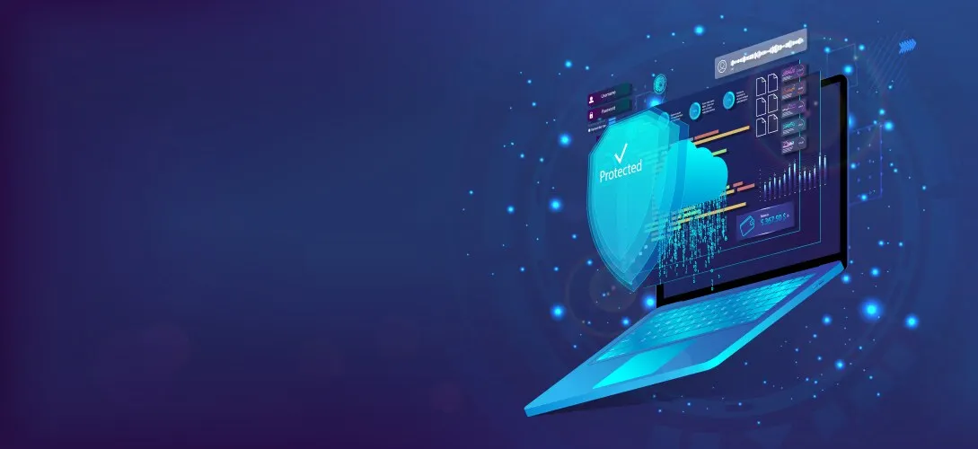 Laptop with security shield icon representing managed IT services in New Hampshire