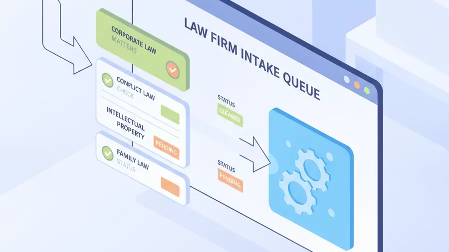 Law firm intake queue on a screen showing inbound matters sorted by practice area with conflict check status flags