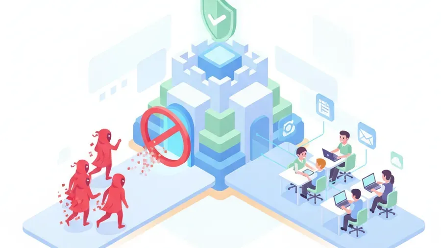 A bright, clean isometric illustration of Conditional Access rules protecting a small business Microsoft 365 tenant, with risky sign-ins blocked and approved staff working normally, soft blues and warm accents, no text