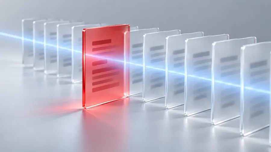 A precise blue light beam passing through a stack of frosted glass panels where thousands of small fixes are sorted, with one red panel pulled forward to the front of the queue