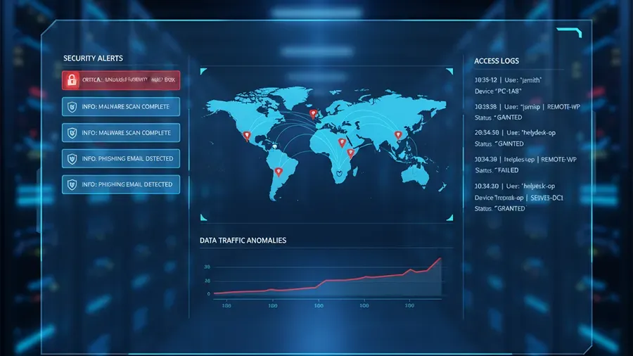 Network monitoring dashboard showing security alerts and access logs
