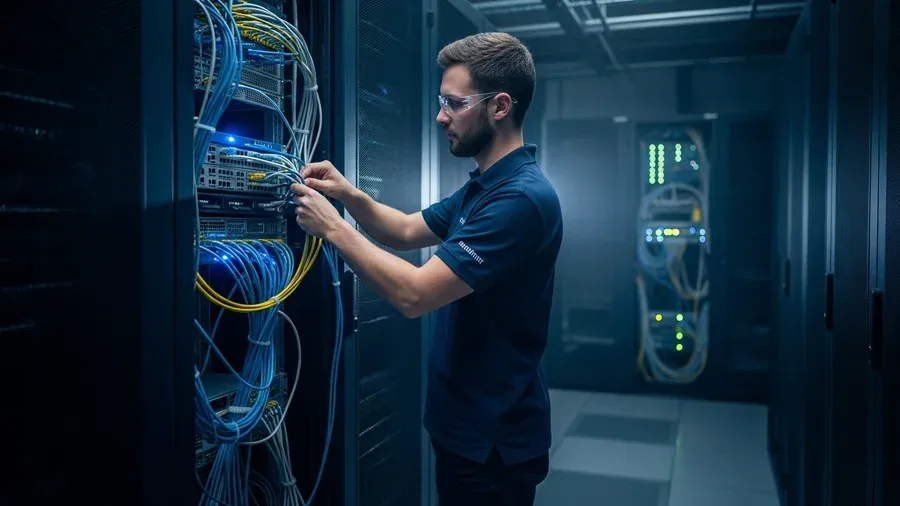 Professional network security setup and firewall configuration in server room